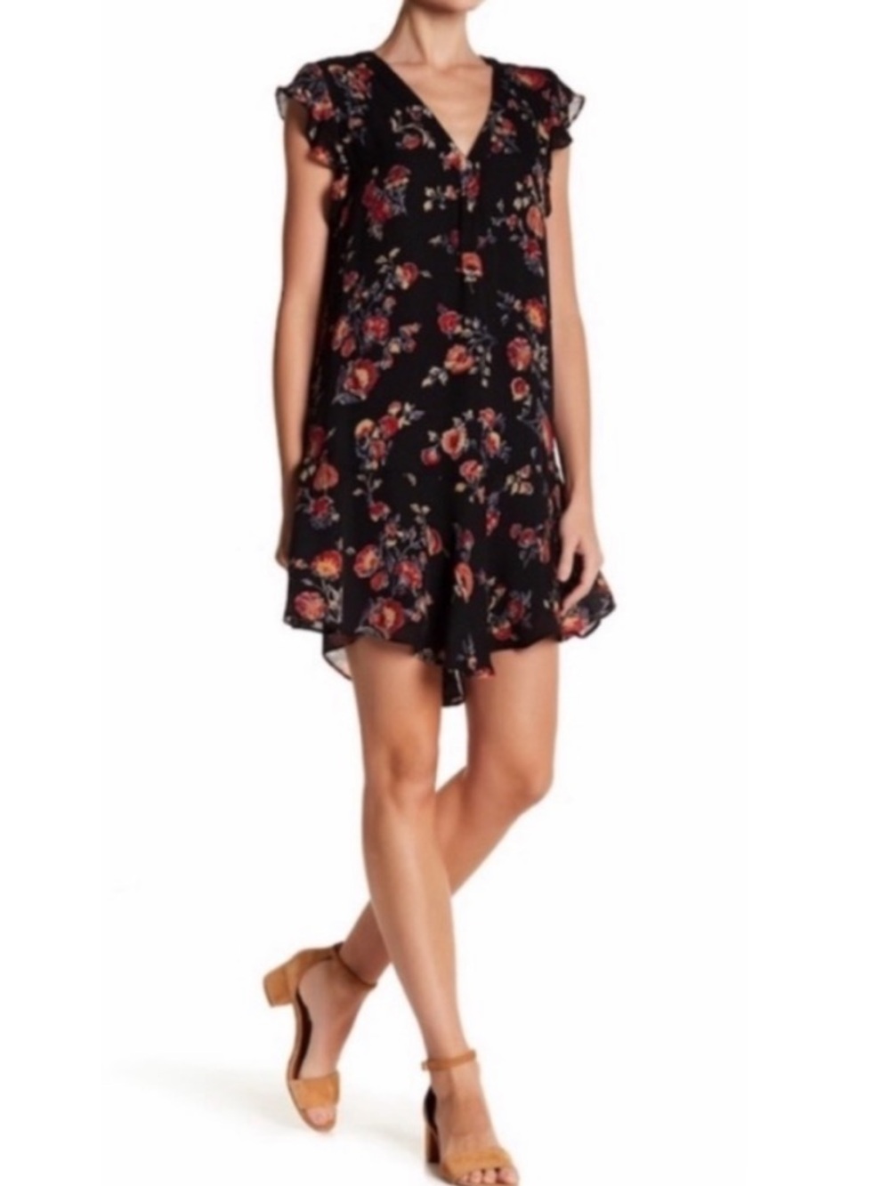 Joie Almarie Black Floral Dress with Red Blue Yellow Print 100% Silk XS